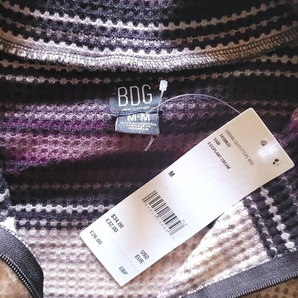 BDG Bunny Striped Thermal Waffle Knit Quarter Zip Long Sleeve Crop Top Purple M - Picture 7 of 12